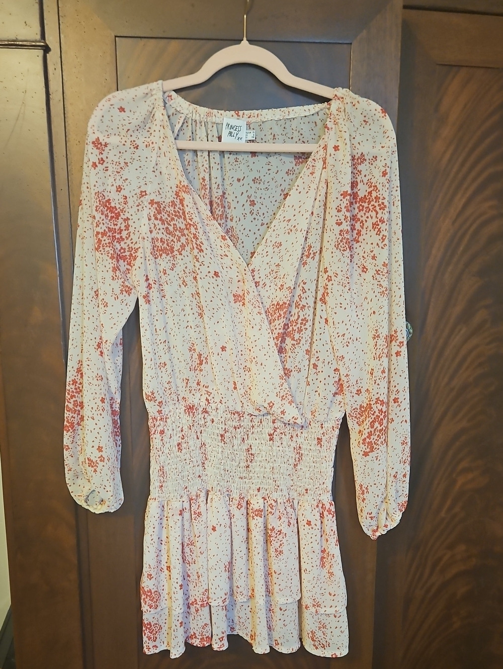 Princess Polly - Cream Long-Sleeve Floral Mini Dress with Red Flowers - Size 6